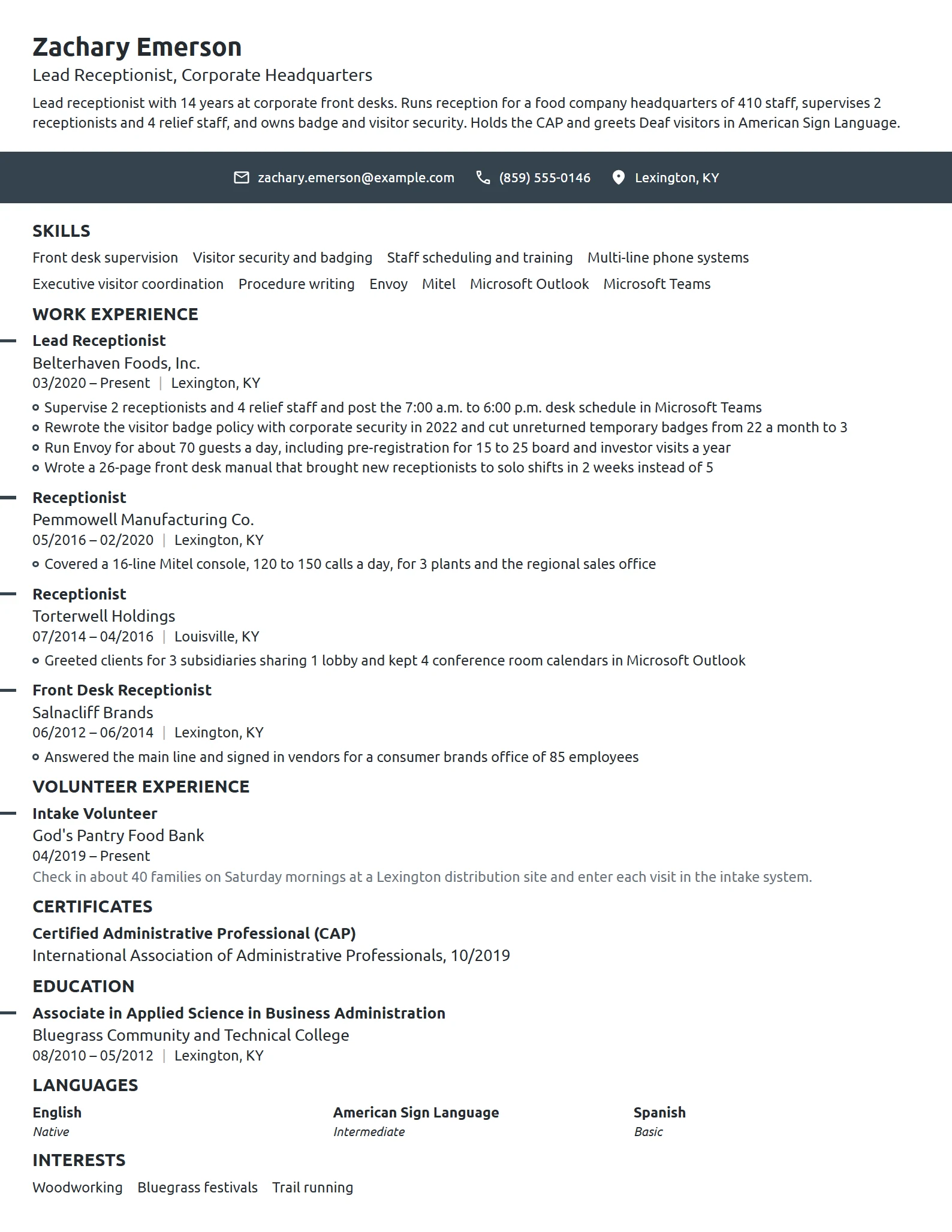 Experienced Receptionist resume example