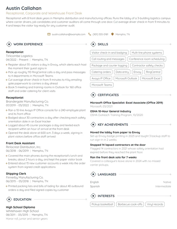 Receptionist resume example