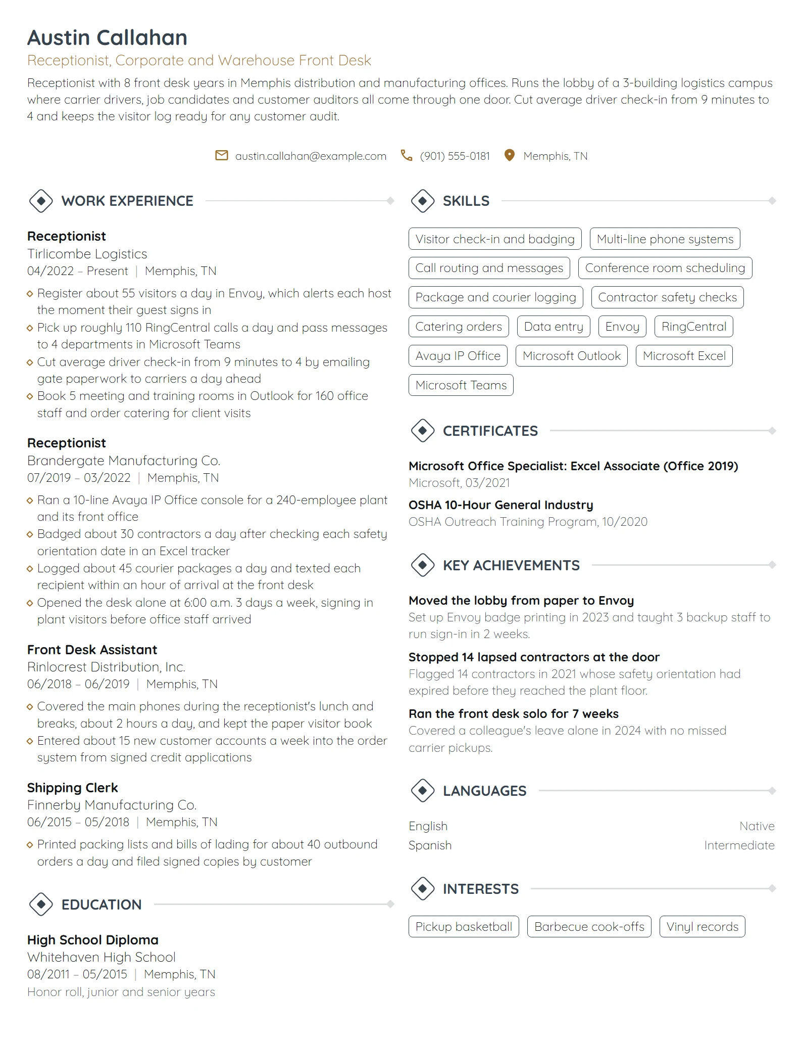 Receptionist resume example