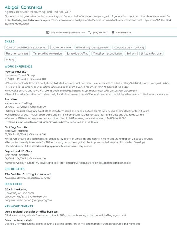 Agency Recruiter resume example