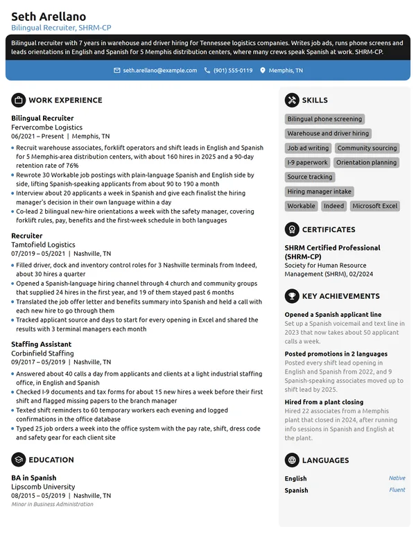 Bilingual Recruiter resume example