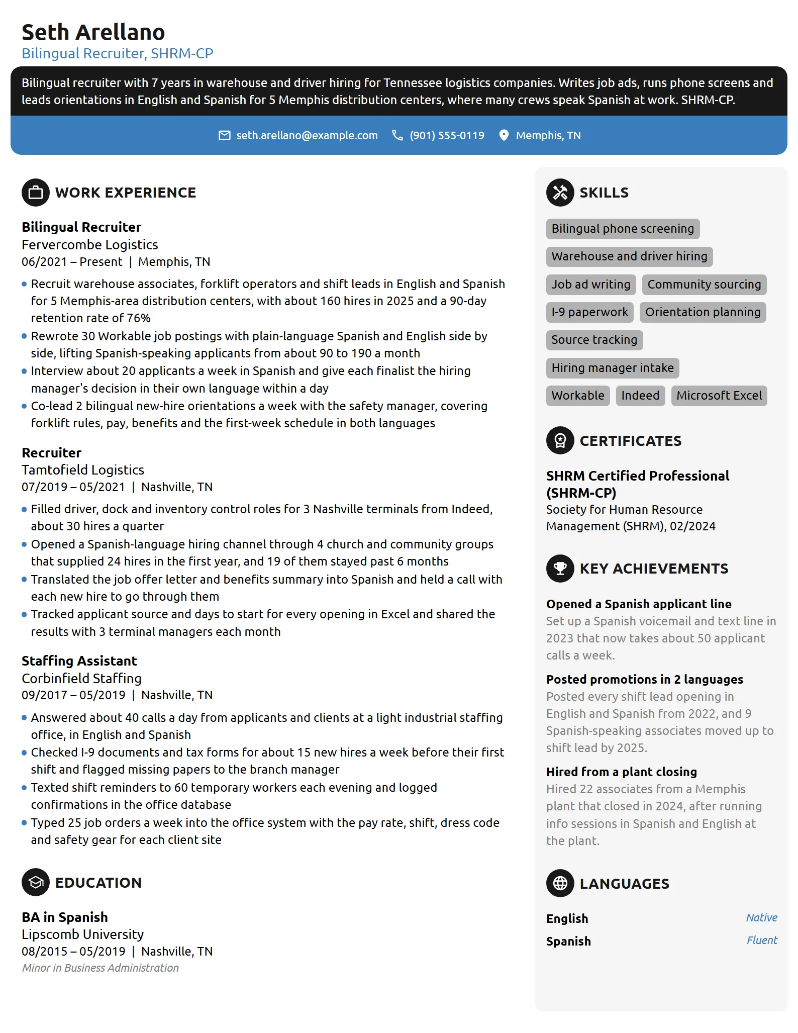 Bilingual Recruiter resume example