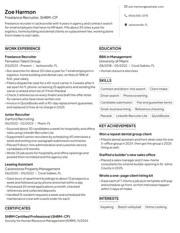 Freelance Recruiter resume example