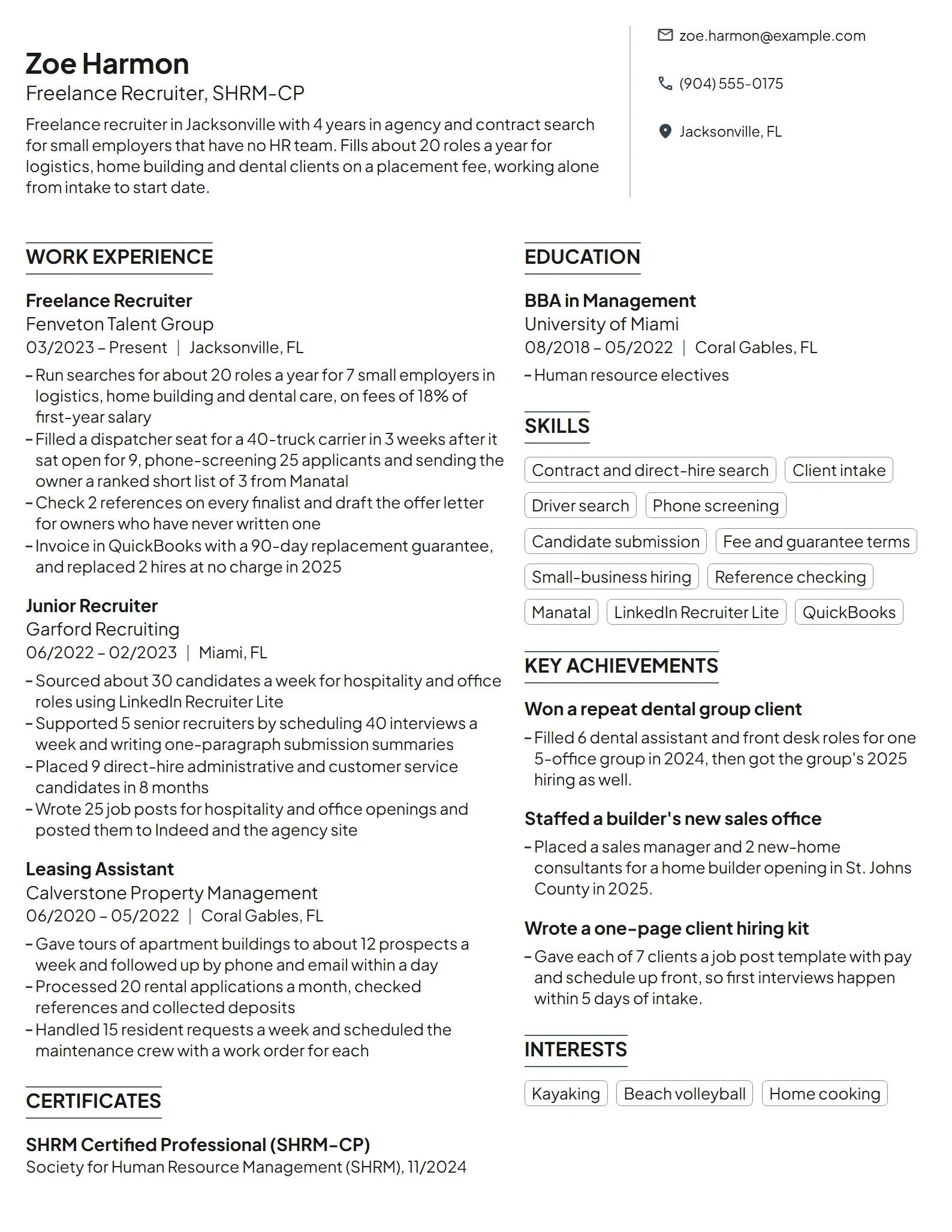Freelance Recruiter resume example