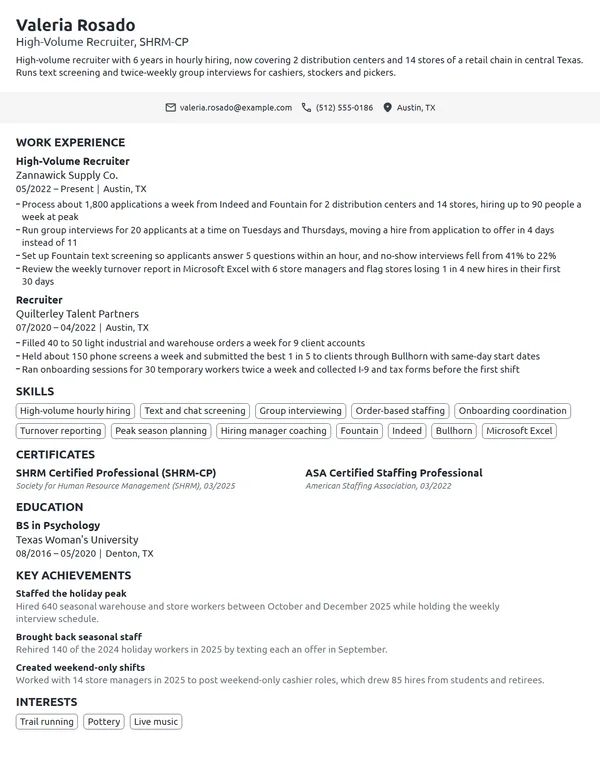 High-Volume Recruiter resume example