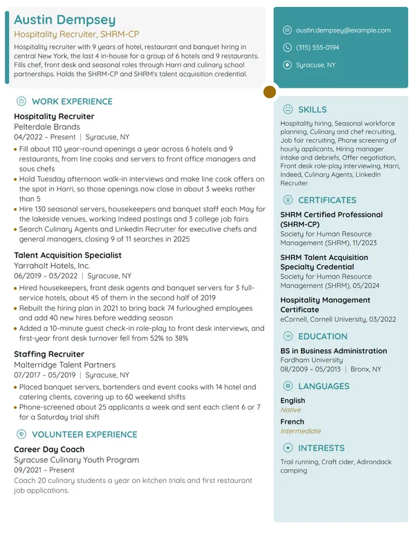 Hospitality Recruiter resume example