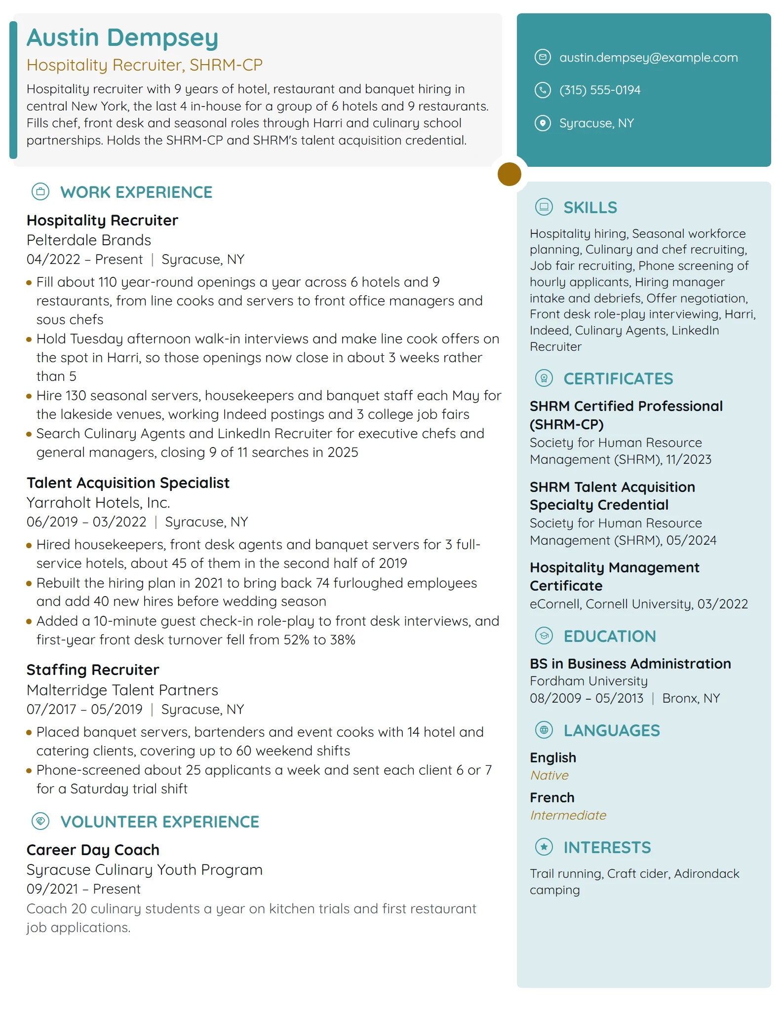 Hospitality Recruiter resume example