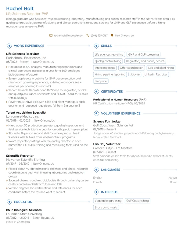 Life Sciences Recruiter resume example