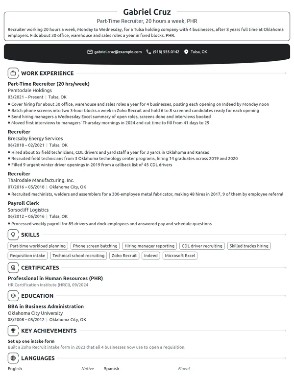 Part-Time Recruiter resume example