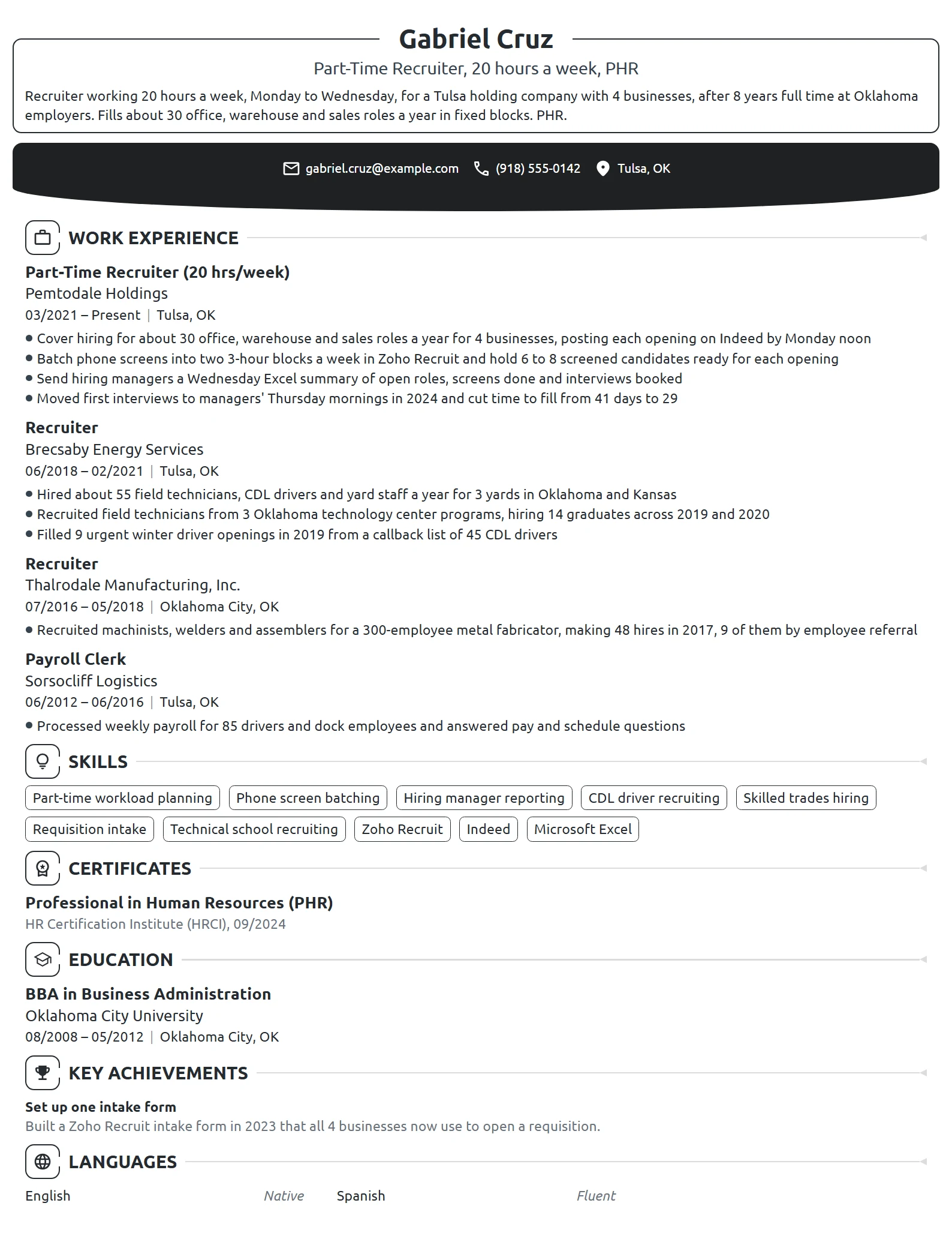 Part-Time Recruiter resume example