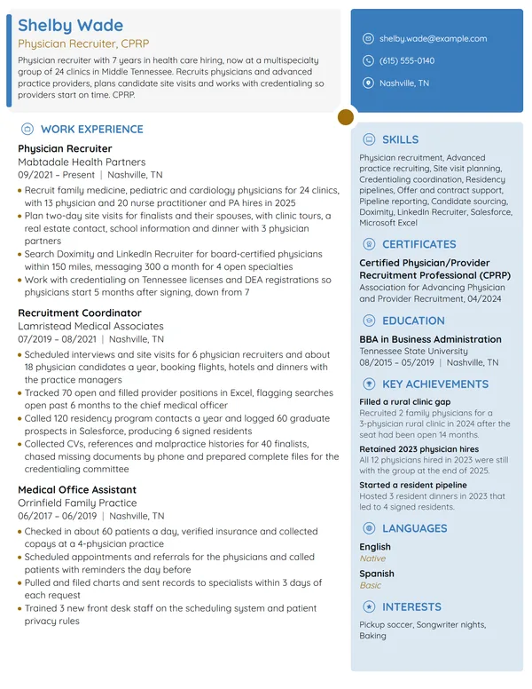 Physician Recruiter resume example