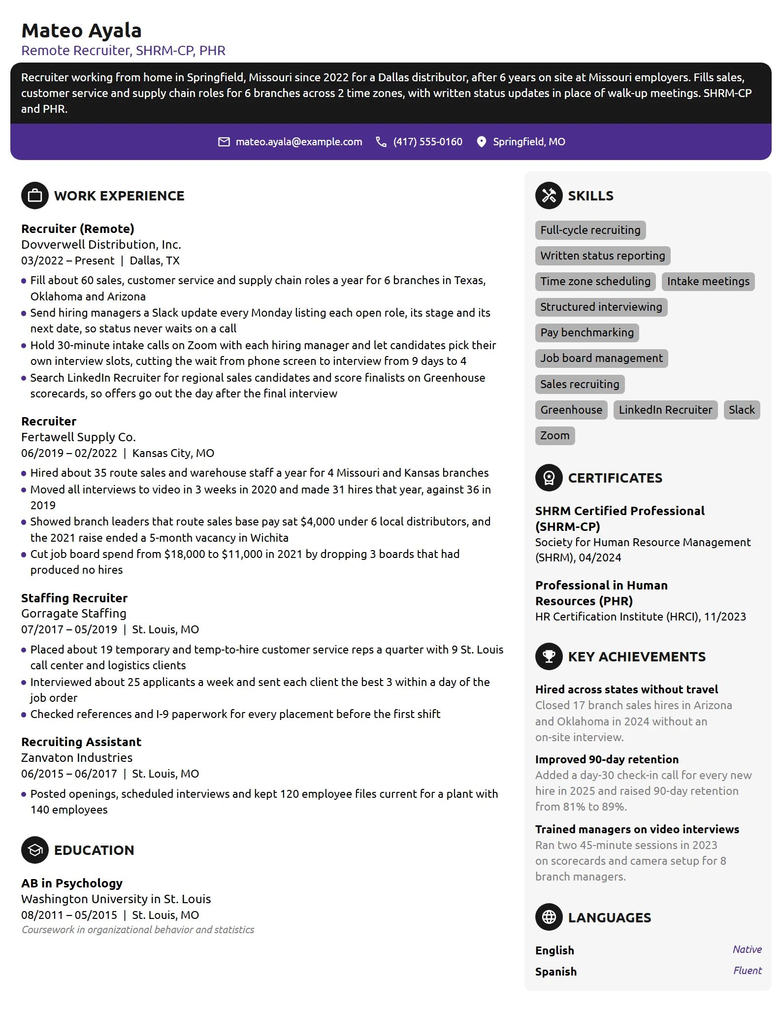 Remote Recruiter resume example