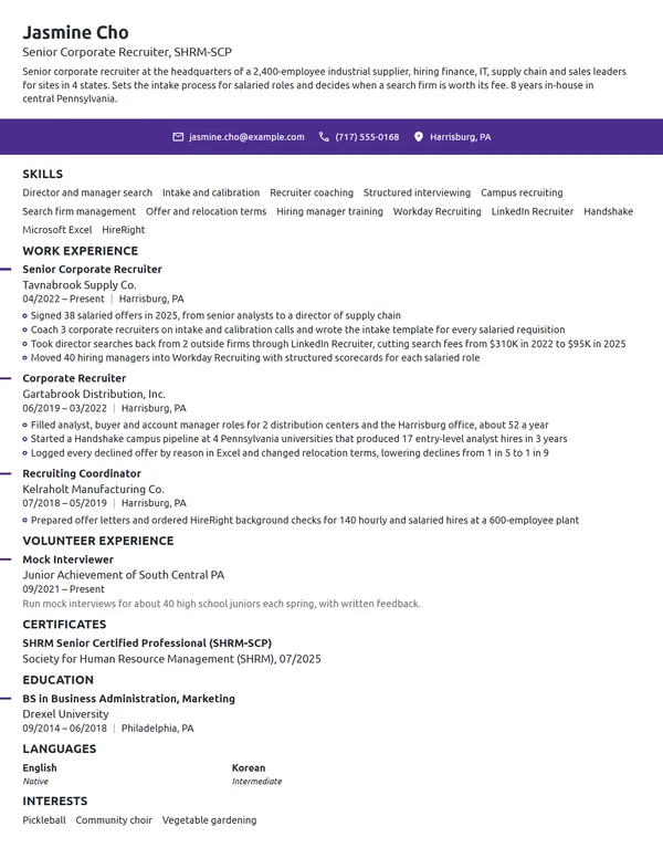 Senior Corporate Recruiter resume example