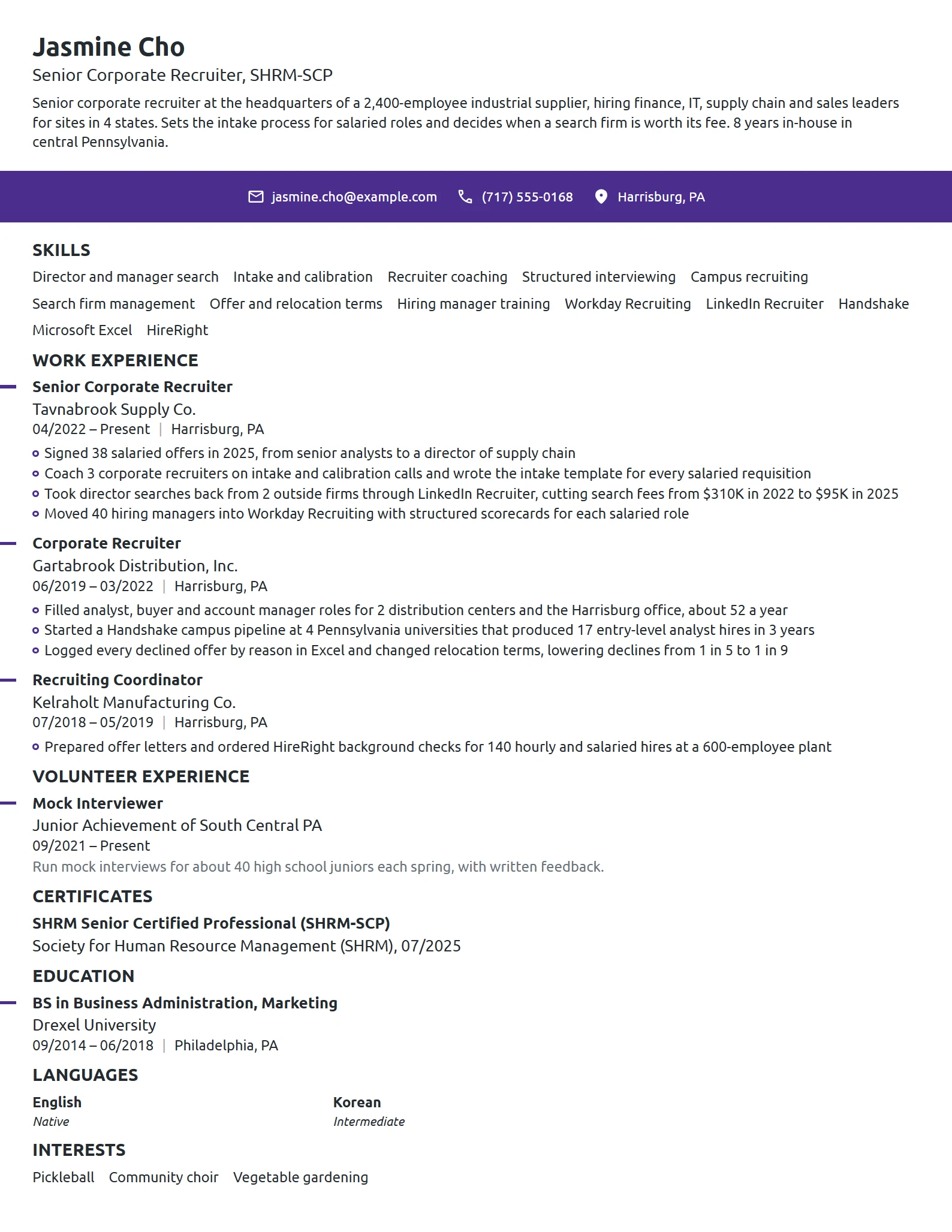 Senior Corporate Recruiter resume example