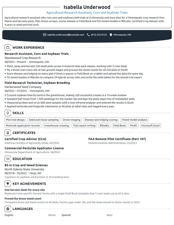 Agricultural Research Assistant resume example