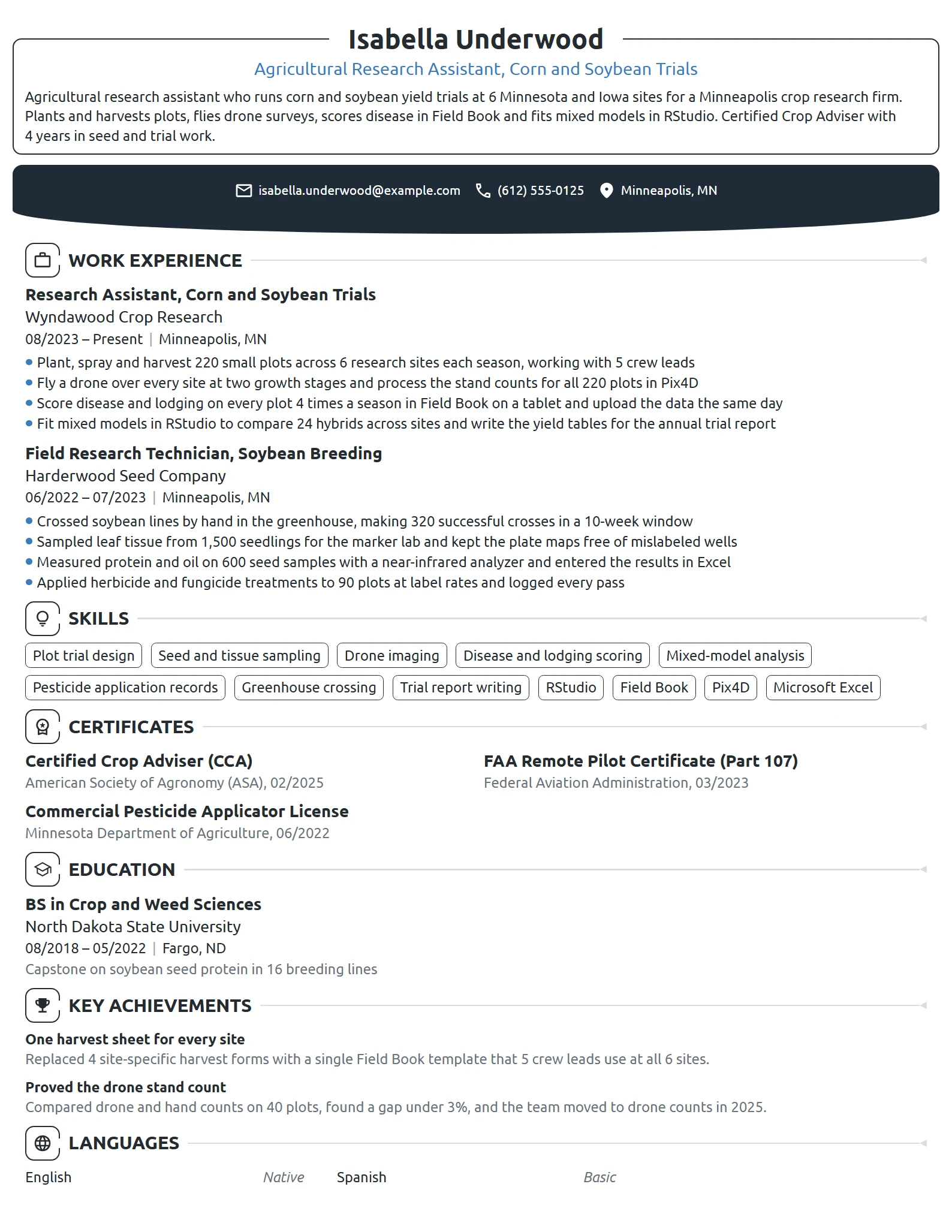 Agricultural Research Assistant resume example