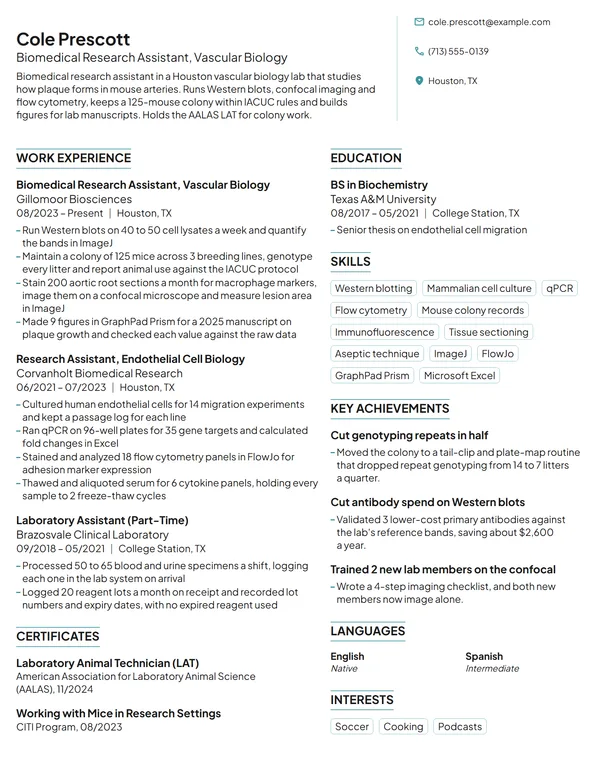 Biomedical Research Assistant resume example