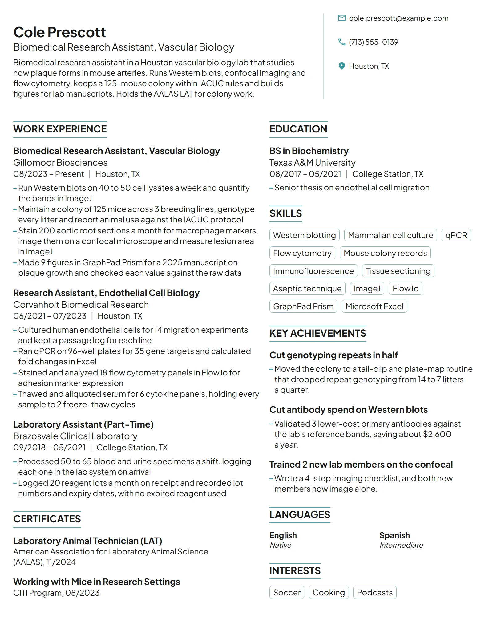 Biomedical Research Assistant resume example