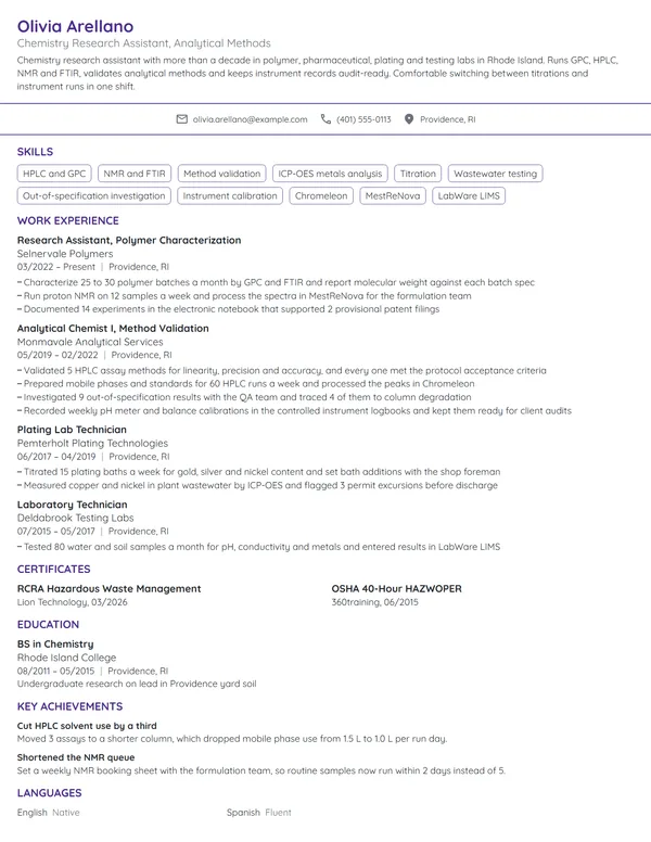Chemistry Research Assistant resume example