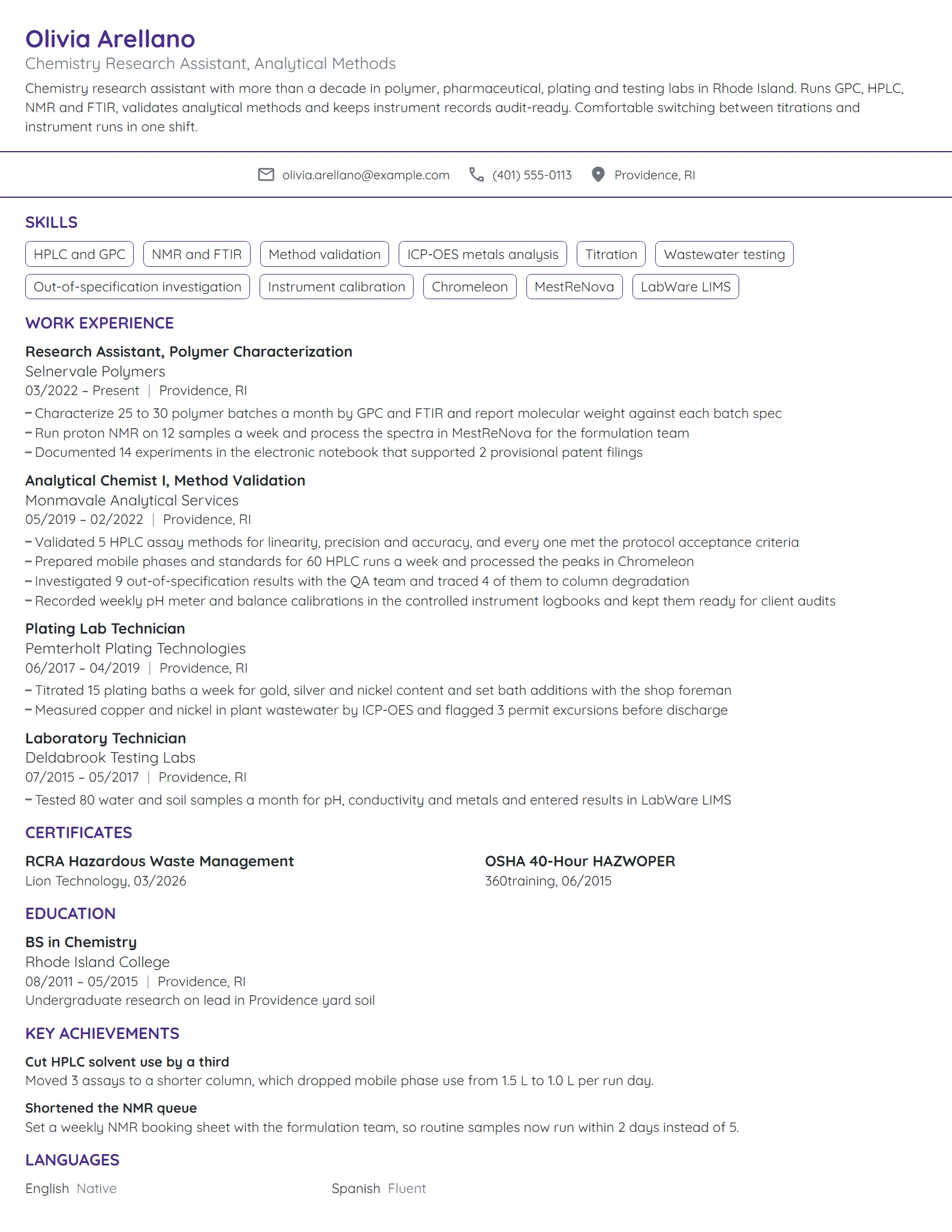 Chemistry Research Assistant resume example