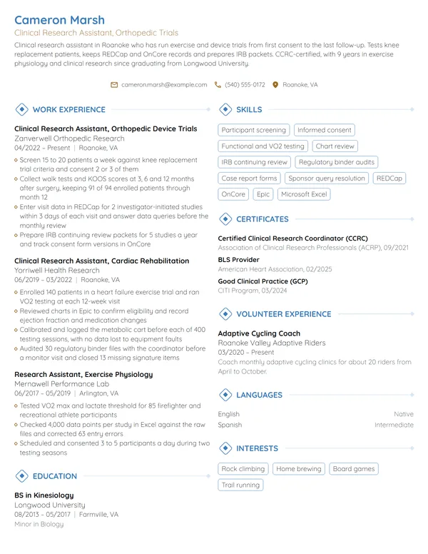 Clinical Research Assistant resume example