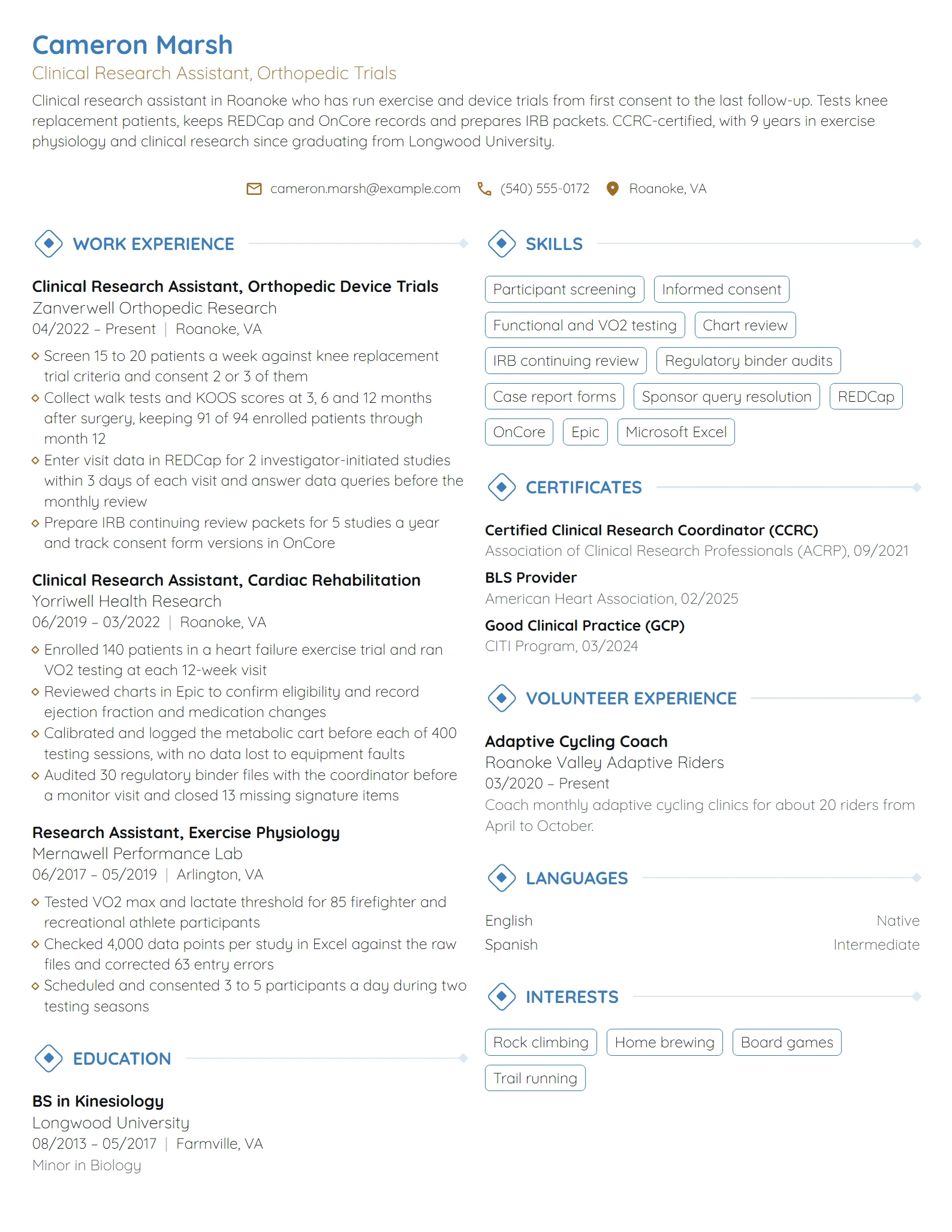 Clinical Research Assistant resume example