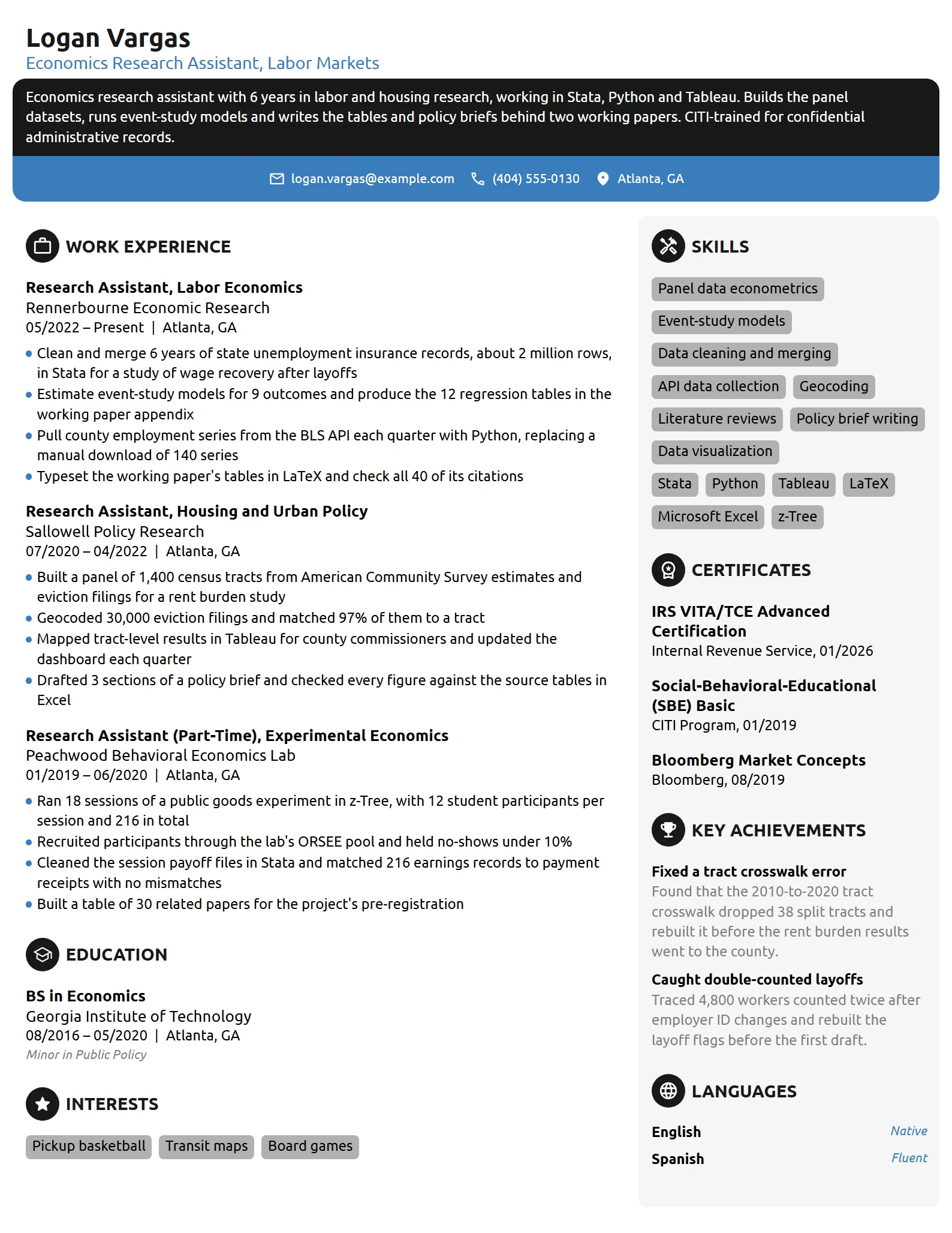 Economics Research Assistant resume example