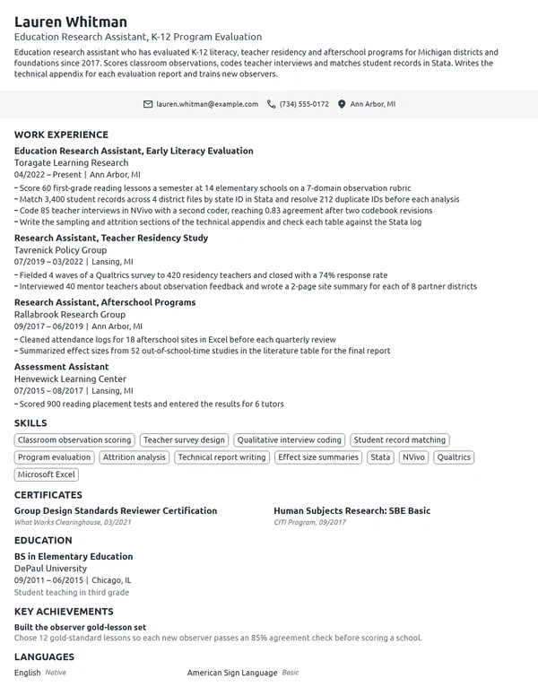 Education Research Assistant resume example