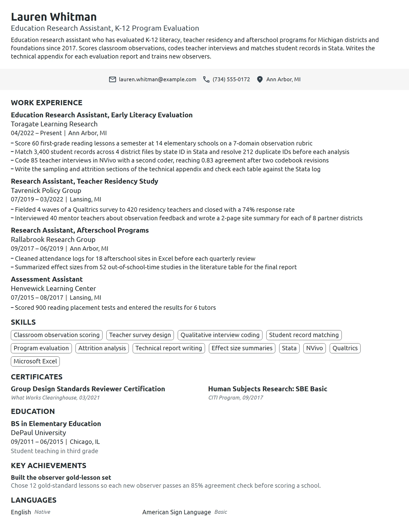 Education Research Assistant resume example