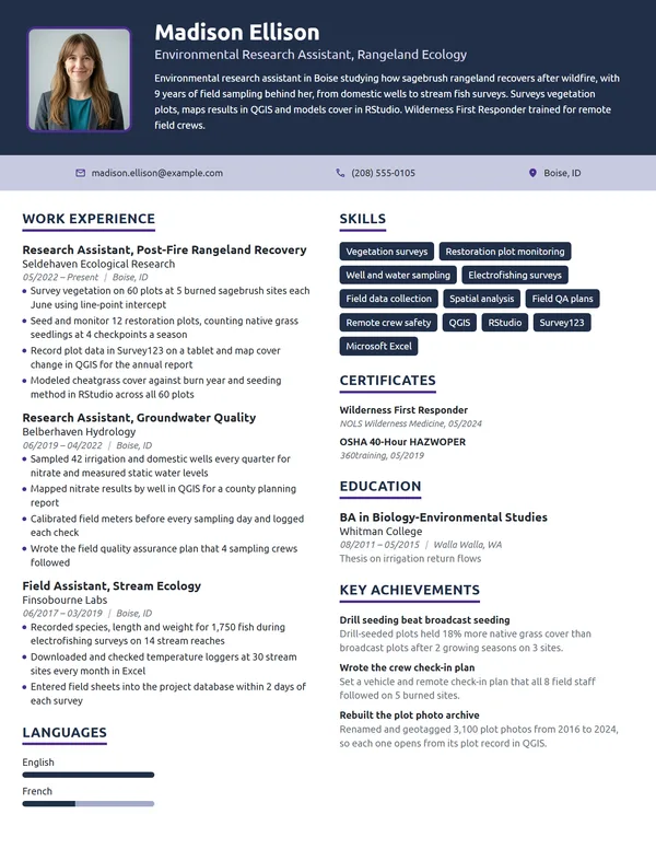 Environmental Research Assistant resume example