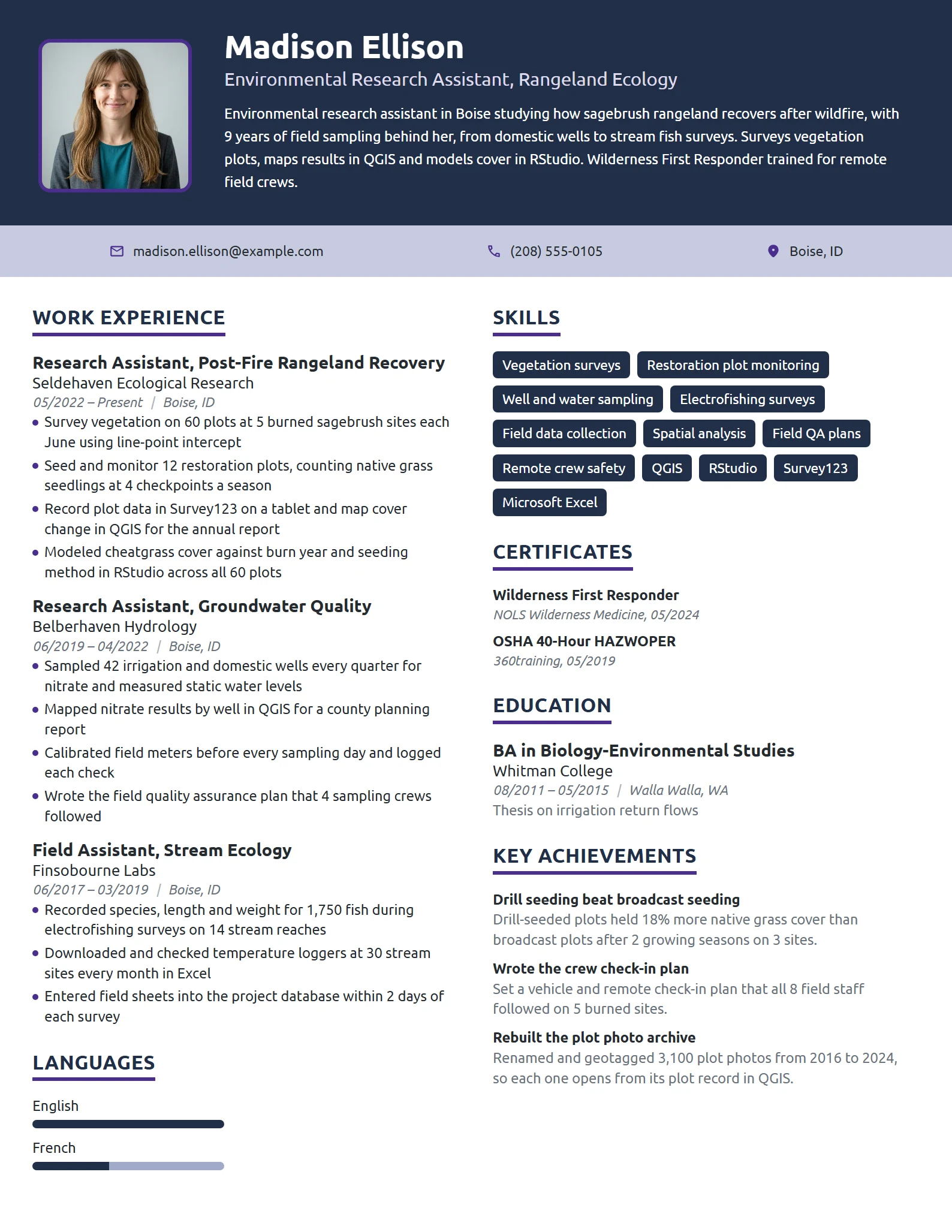 Environmental Research Assistant resume example