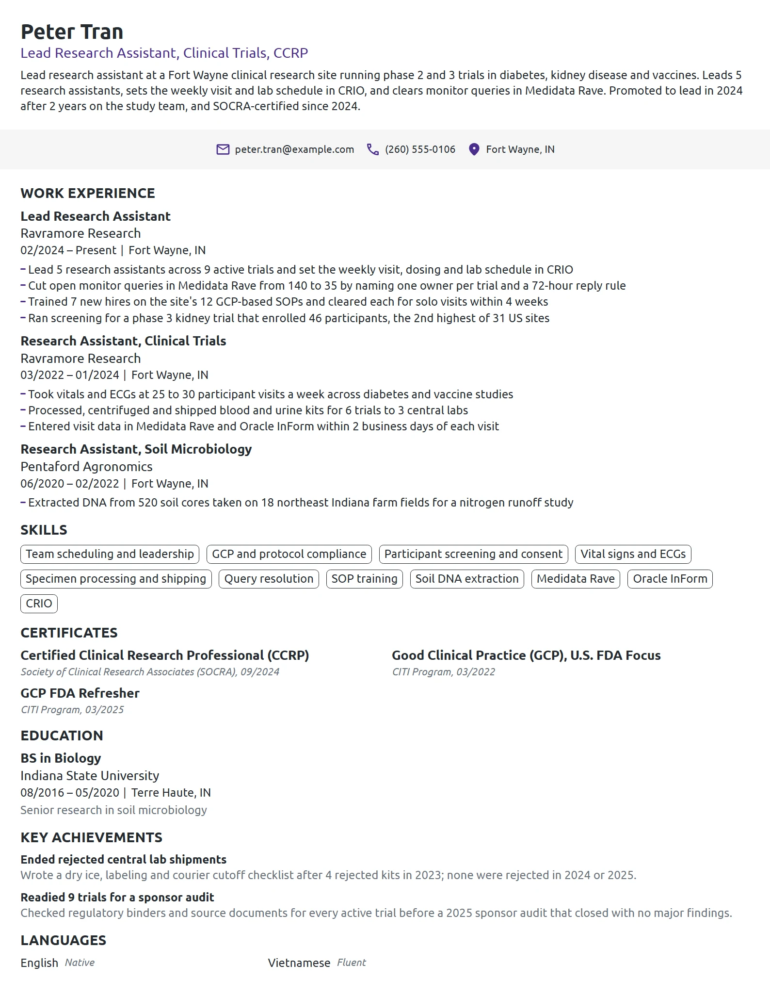 Lead Research Assistant resume example