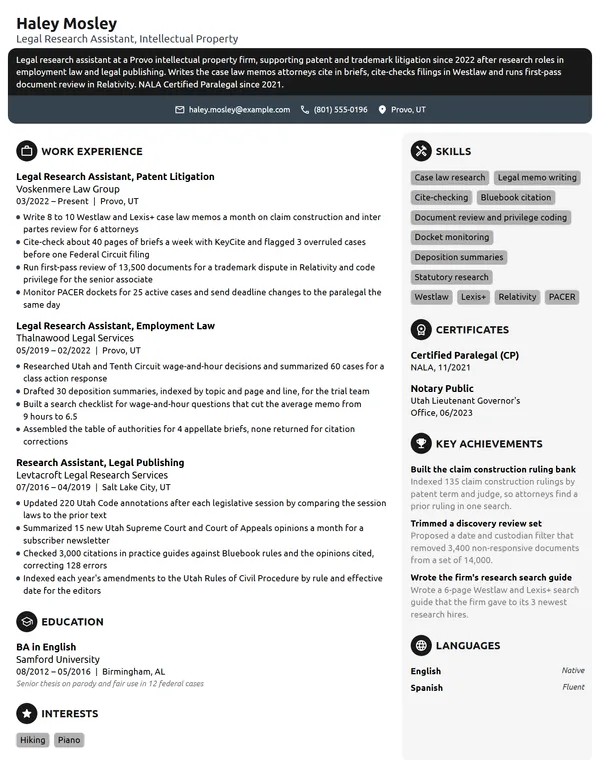 Legal Research Assistant resume example