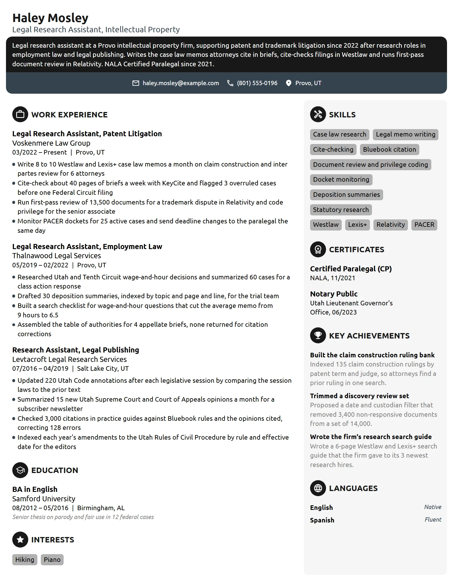 Legal Research Assistant resume example