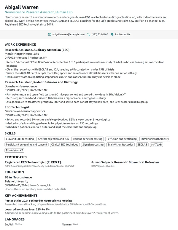 Neuroscience Research Assistant resume example