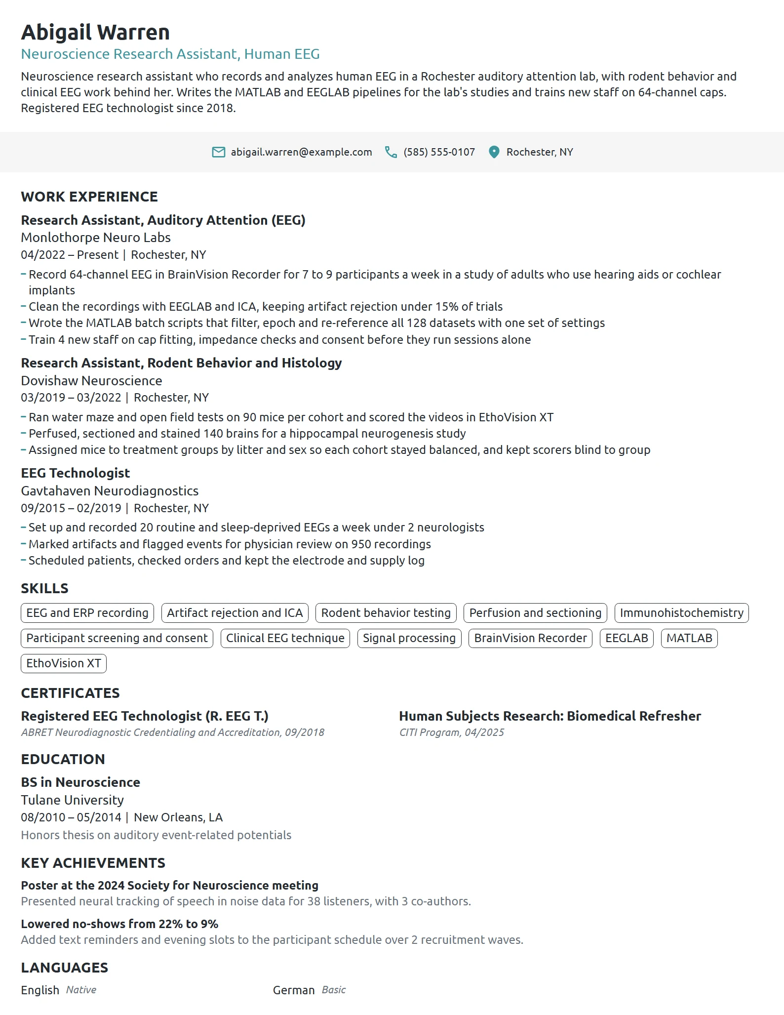 Neuroscience Research Assistant resume example