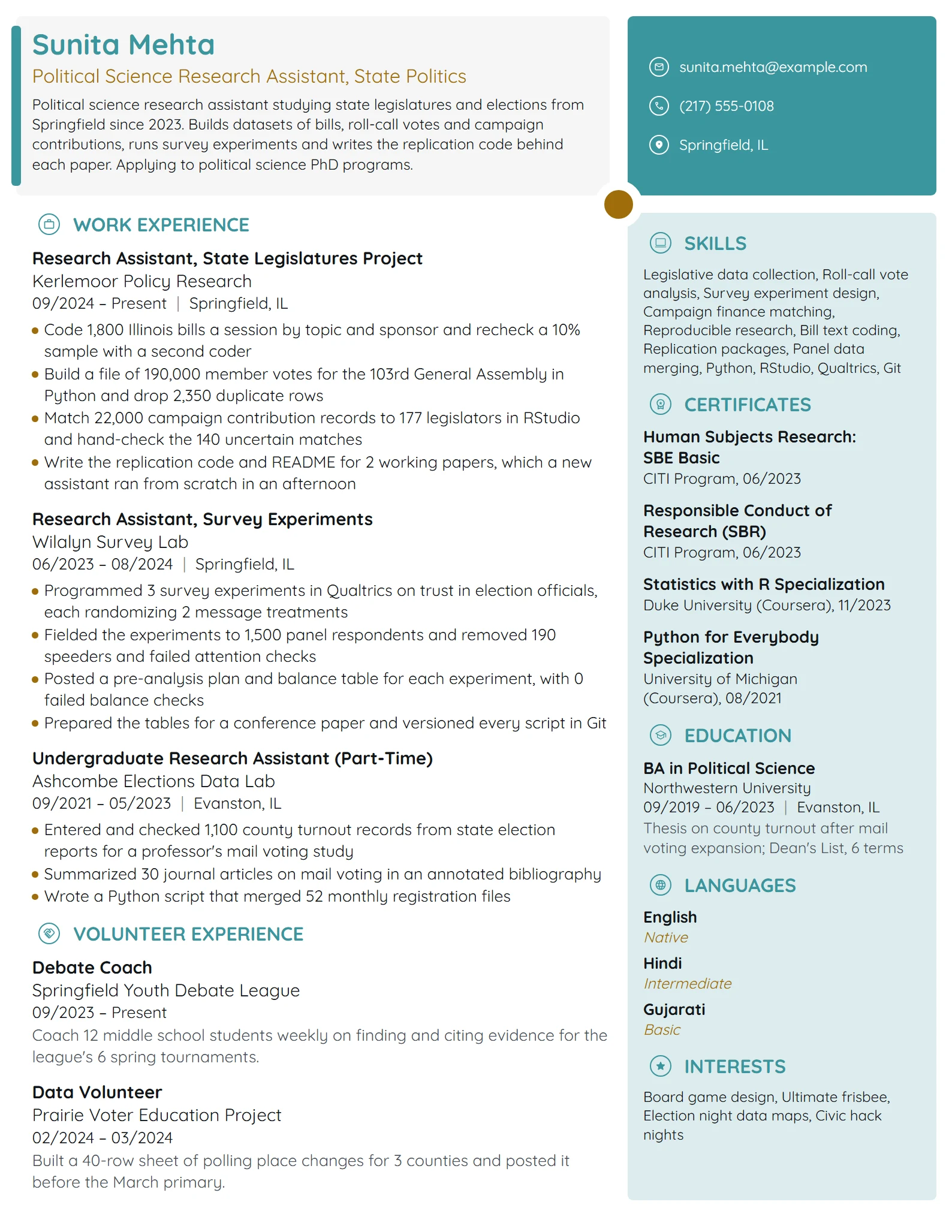 Political Science Research Assistant resume example
