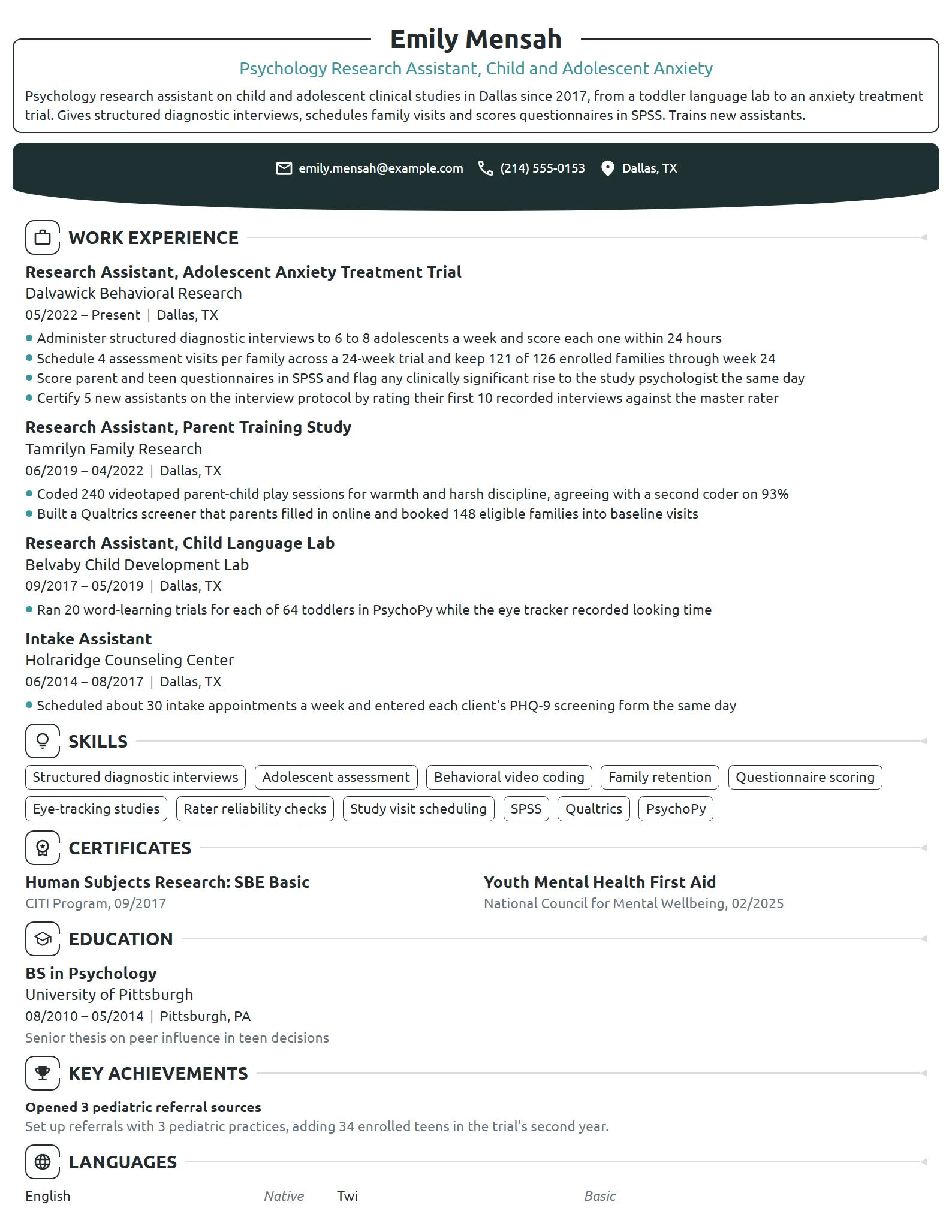 Psychology Research Assistant resume example