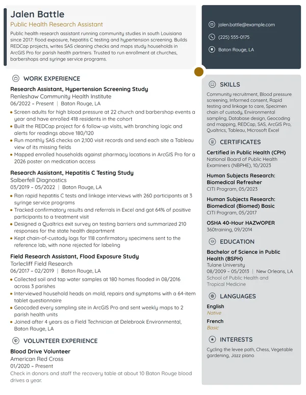 Public Health Research Assistant resume example