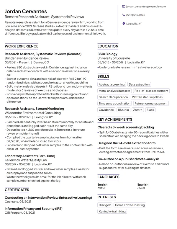 Remote Research Assistant resume example