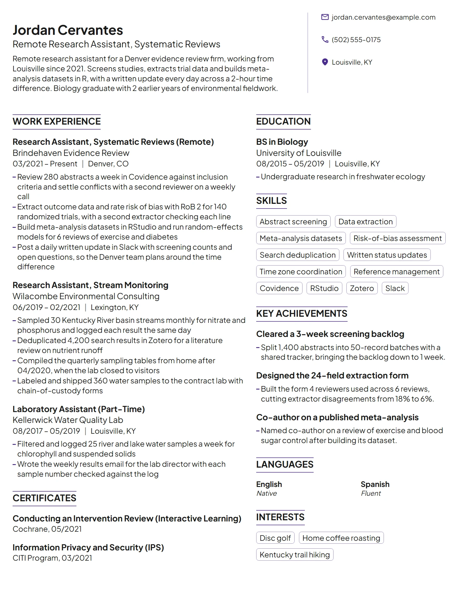 Remote Research Assistant resume example