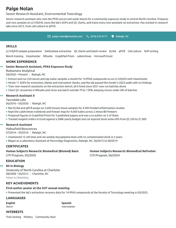 Senior Research Assistant resume example