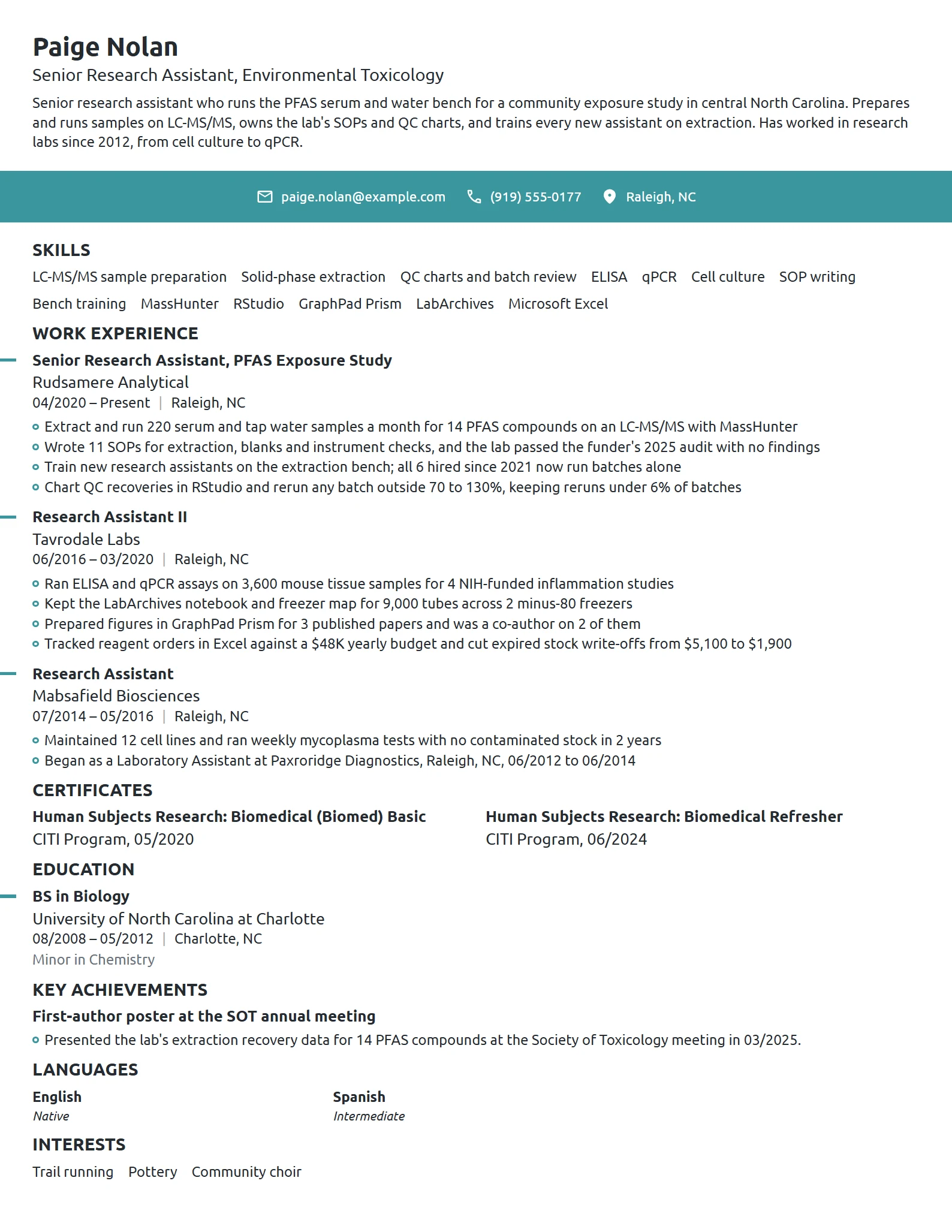Senior Research Assistant resume example