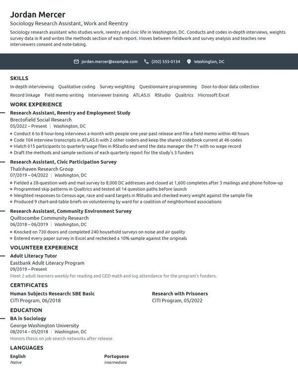 Sociology Research Assistant resume example