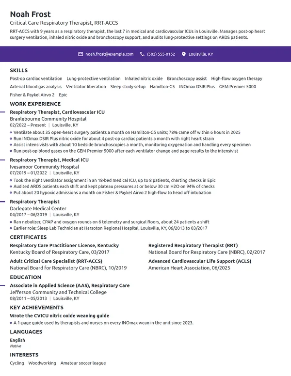 Critical Care Respiratory Therapist resume example