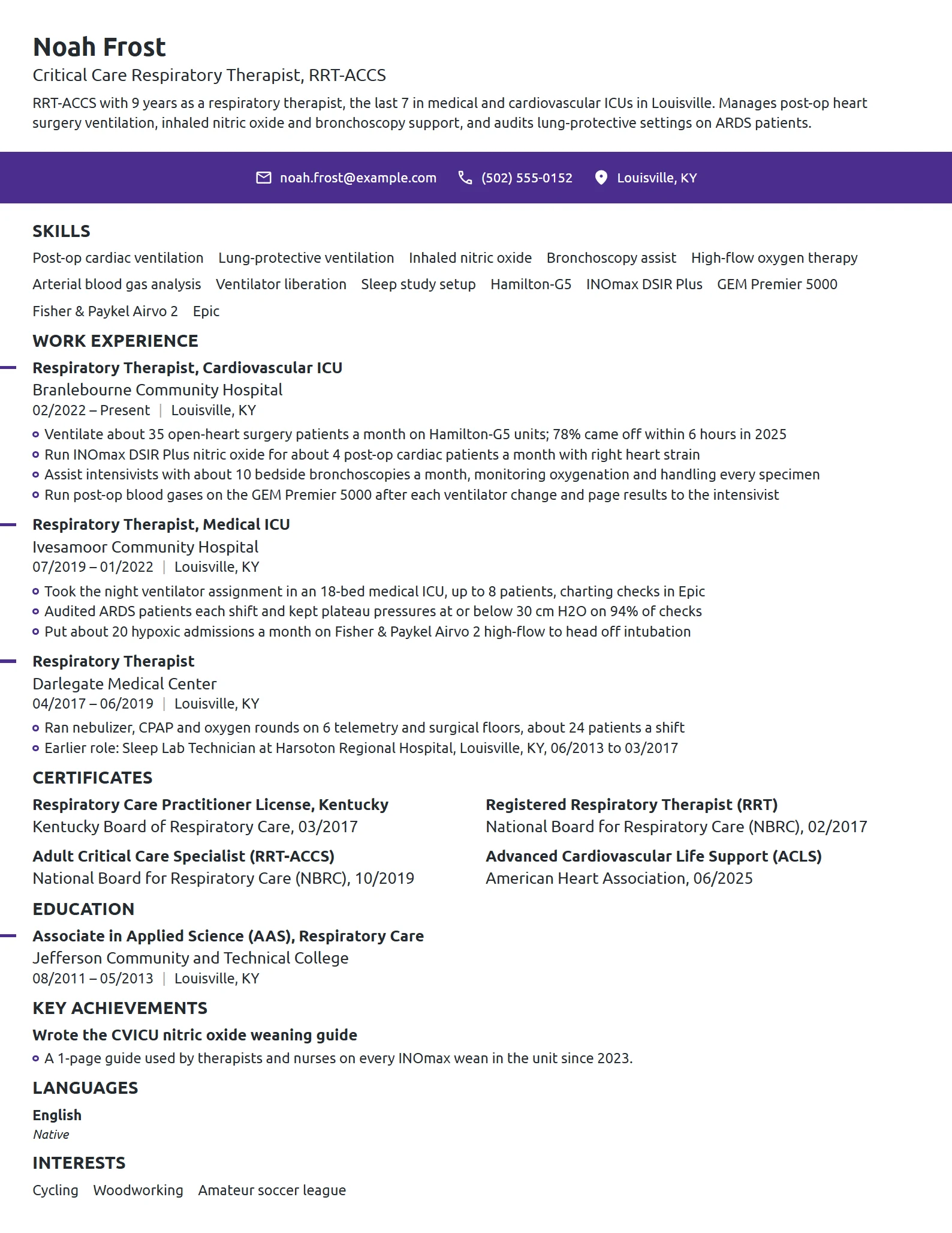 Critical Care Respiratory Therapist resume example