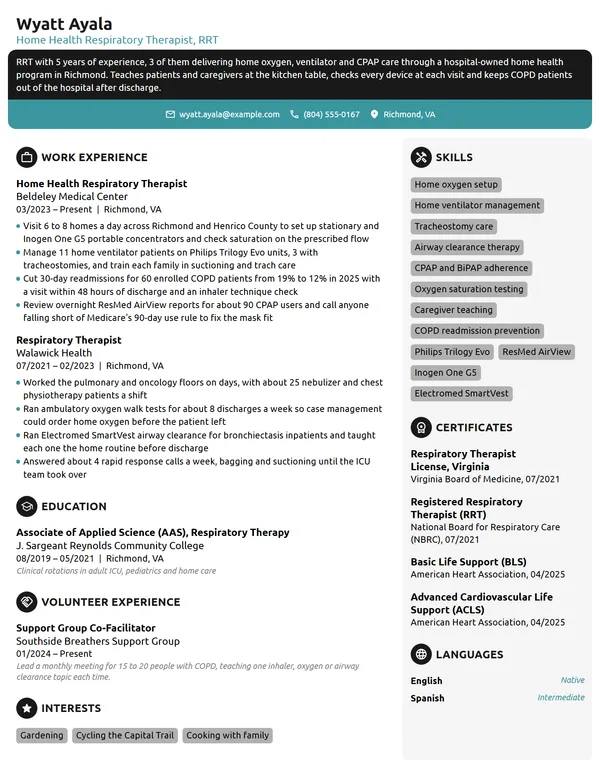 Home Health Respiratory Therapist resume example