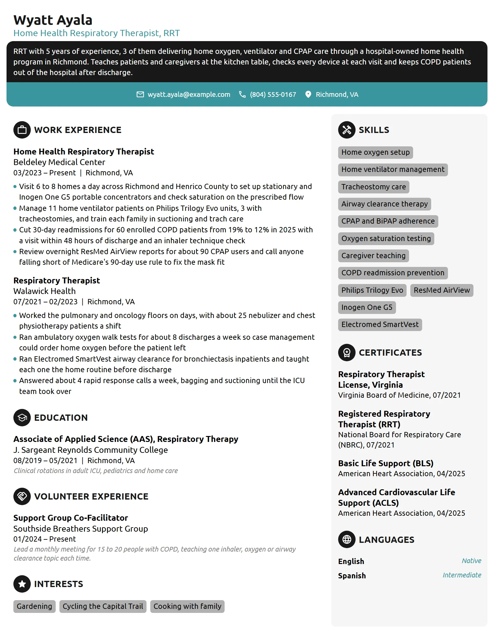 Home Health Respiratory Therapist resume example