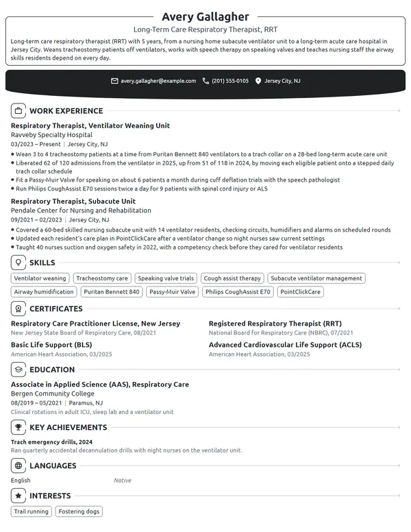 Long-Term Care Respiratory Therapist resume example