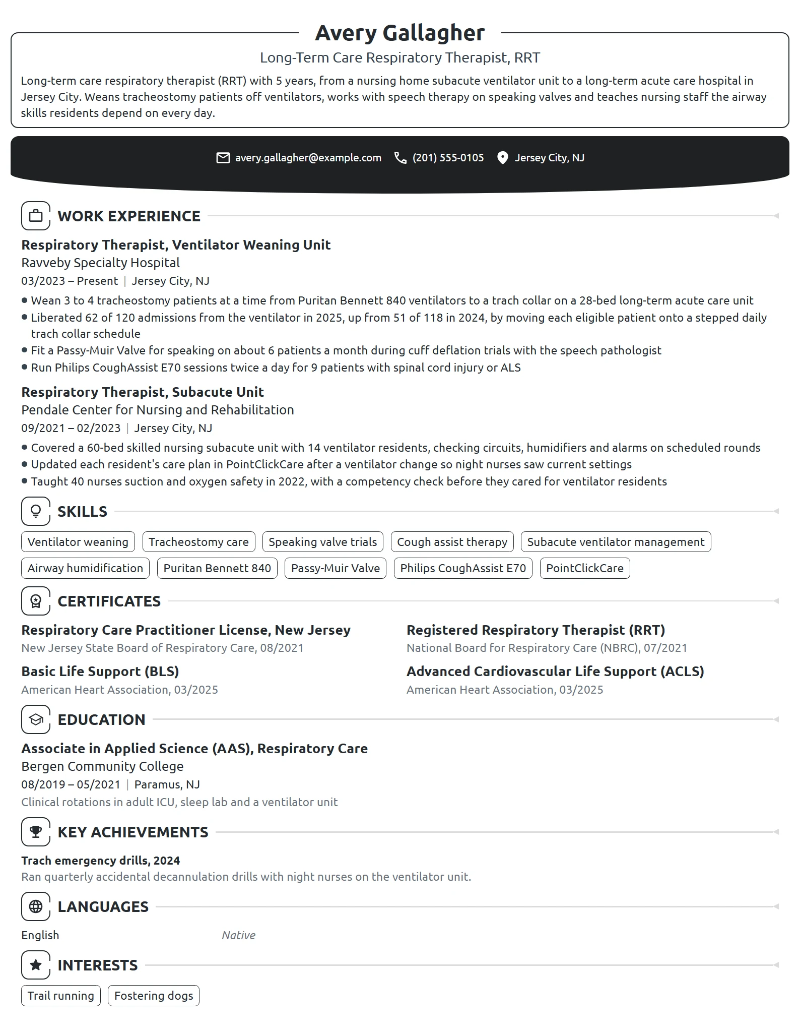 Long-Term Care Respiratory Therapist resume example